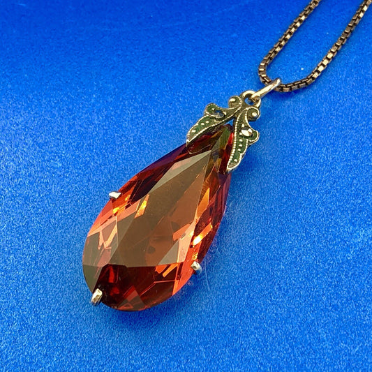 Vintage 925 Sterling Silver 925 Amber Glass Marcasite Teardrop Necklace