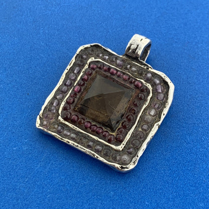 Artisan Hand Cast Sterling Silver Smoky Quartz Amethyst Free Form Square Pendant