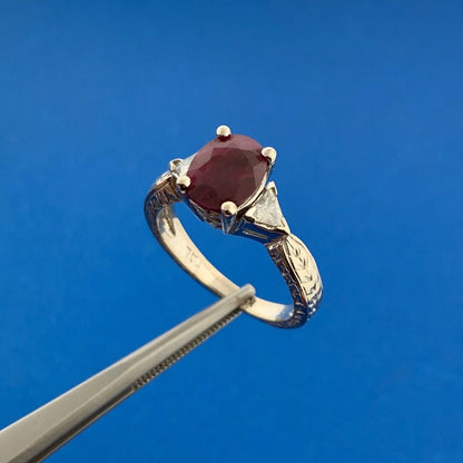 Designer 14K White Gold Oval Ruby Diamond Trillion Accented July Cocktail Ring