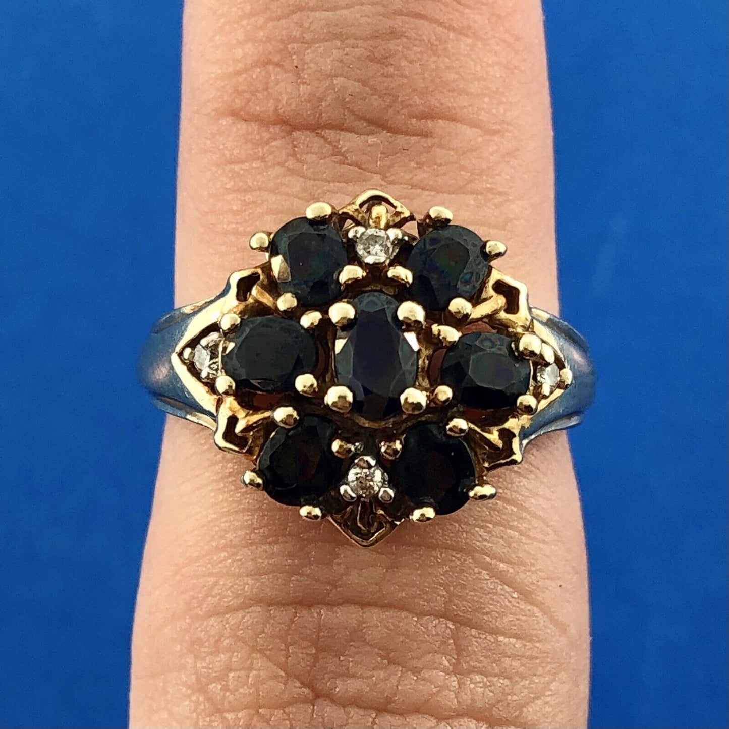 Retro 10K Yellow Sapphire Diamond Floral Cluster September Anniversary Ring