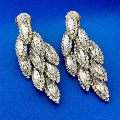 Dramatic Couture Silver Tone Rhinestone 3 Tier Dangle Statement Clip Earrings