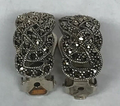Art Deco 925 Sterling Silver Marcasite Open Work Basket Weave Clip Earrings