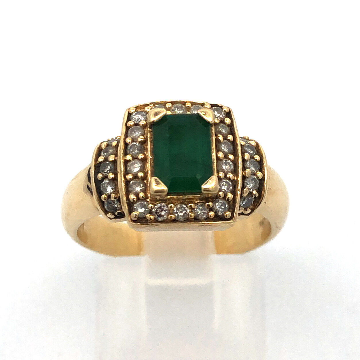 Vintage 14K Yellow Gold Emerald Diamond Halo Statement Cocktail Ring