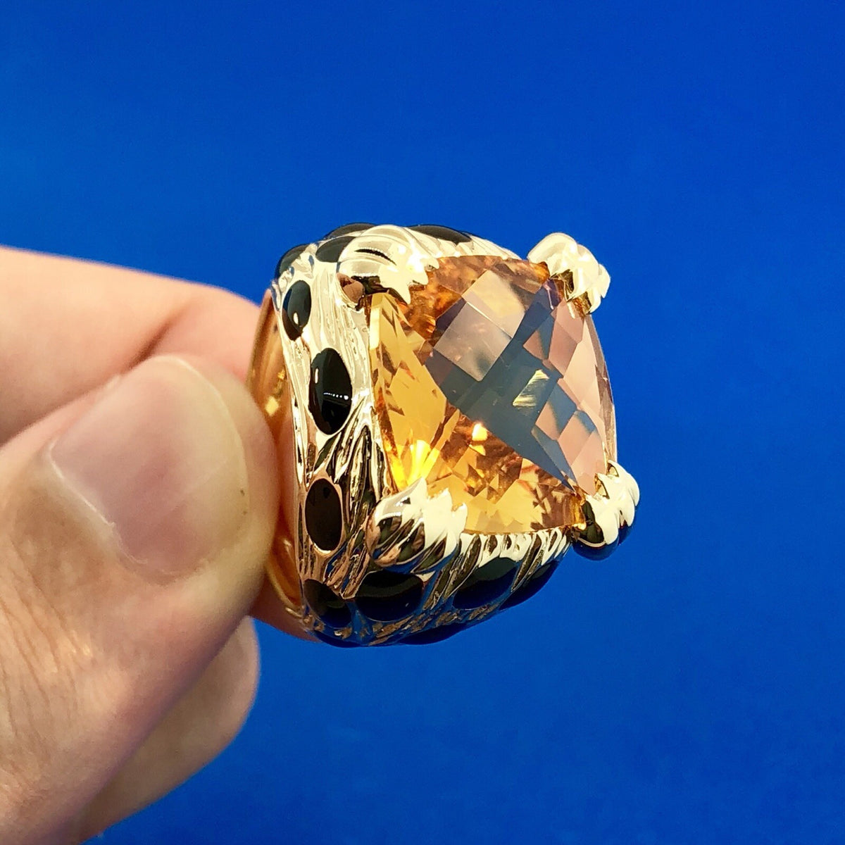 Retro Citra Trading CIT 14K Yellow Gold Citrine Black Enamel Statement Ring