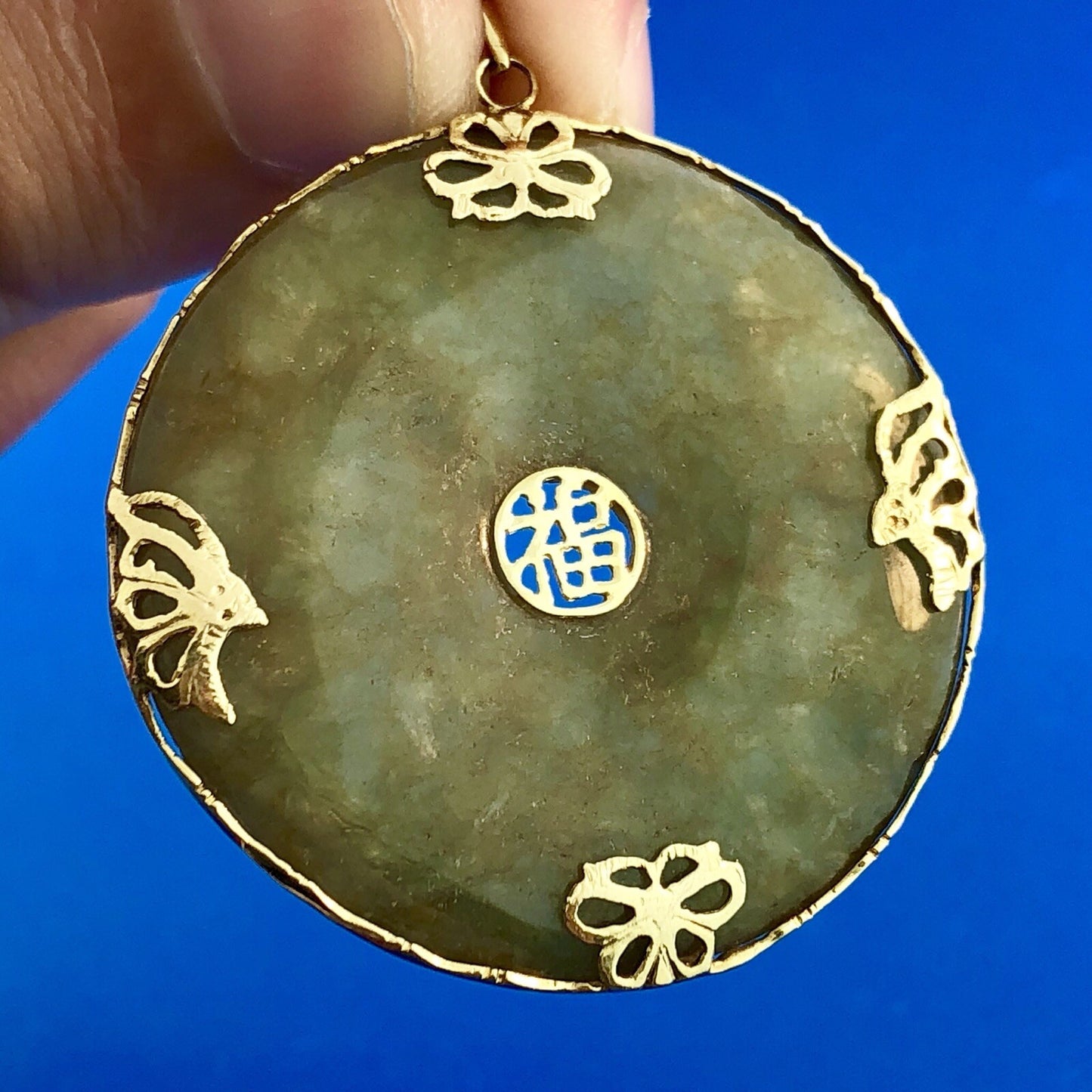 Vintage 14K Yellow Gold Jadeite Jade Chinese Character Good Luck Amulet Pendant