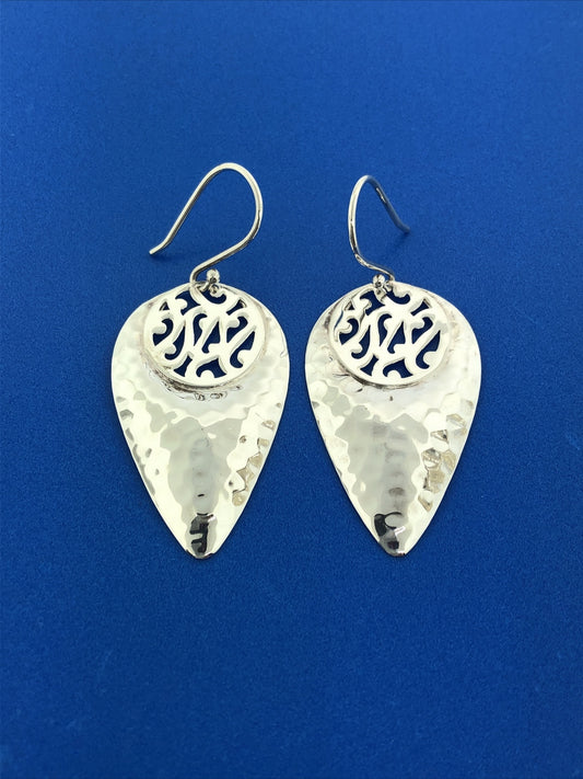 Designer RGN 925 Sterling Silver Hammered Open Scroll Pear Drop Dangle Earrings