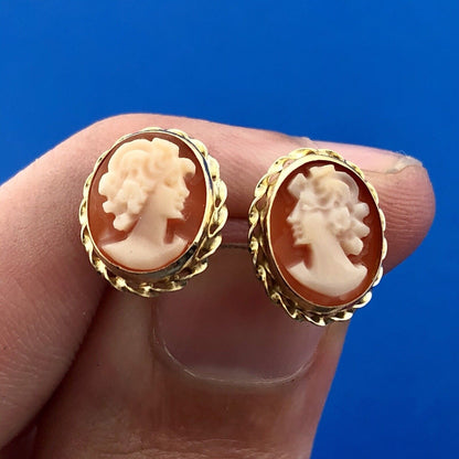 Classic Victorian 14K Yellow Gold Carved Cameo Statement Stud Earrings