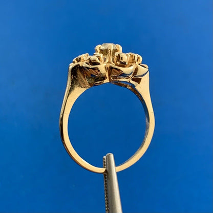 Vintage 14K Yellow Gold Diamond Cluster Blue Enamel Flower Cocktail Ring