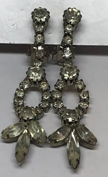 Vintage Art Deco Crystal Rhinestone Chandelier Statement Dangle Clip On Earrings