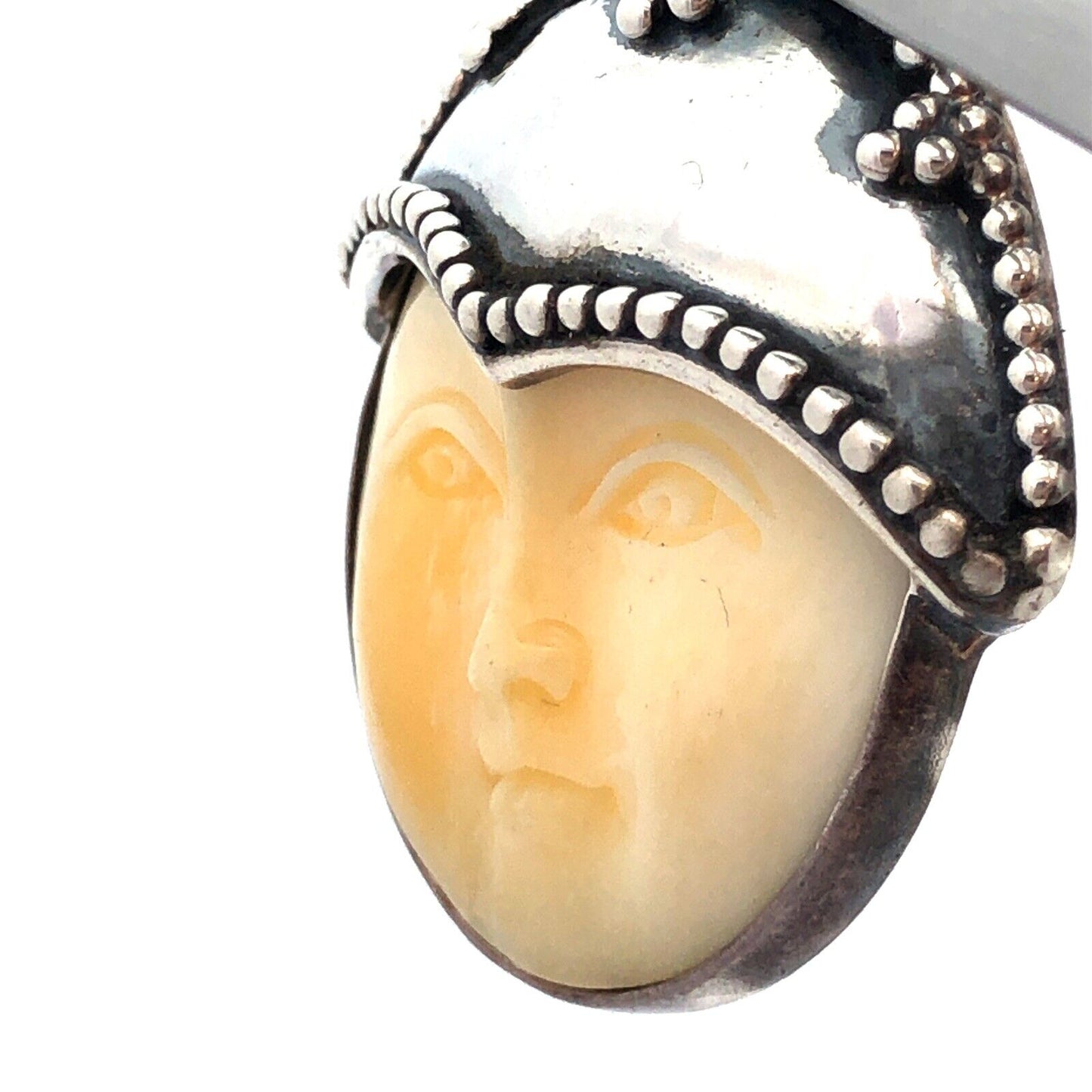 925 Sterling Silver Opal Pearl Carved Resin Moon Face Statement Pendant