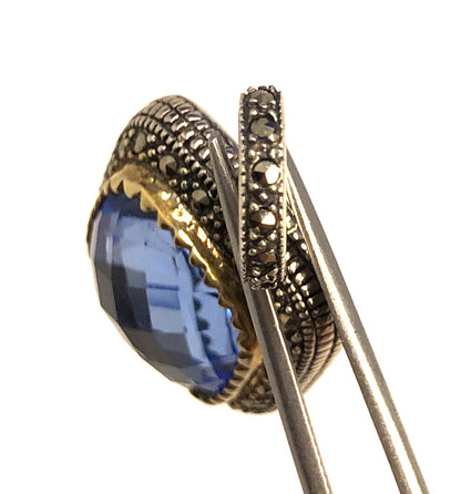 Designer 925 Sterling Silver Cushion Tanzanite Marcasite Two-Tone Square Pendant