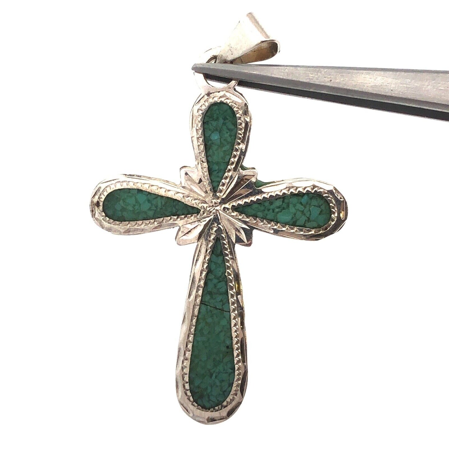 Vintage Taxco Mexico 925 Sterling Silver Turquoise Inlay Statement Cross Pendant