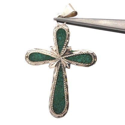 Vintage Taxco Mexico 925 Sterling Silver Turquoise Inlay Statement Cross Pendant