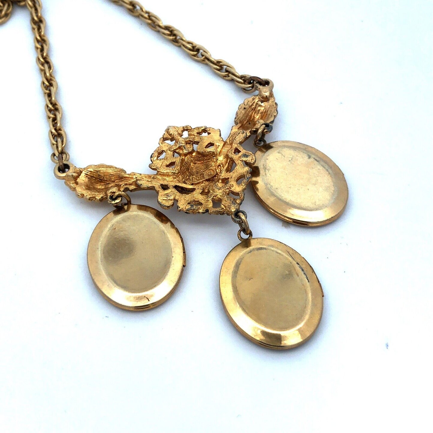 Arthur Pepper Mid Century Gold Tone Oval Locket Double Chain Statement Necklace
