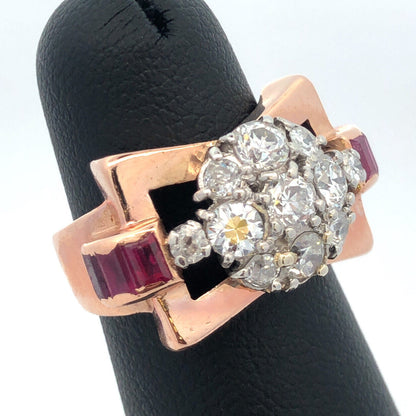 Unusual 14K Rose Gold Diamond Floral Cluster Ruby Baguette Accent Cocktail Ring