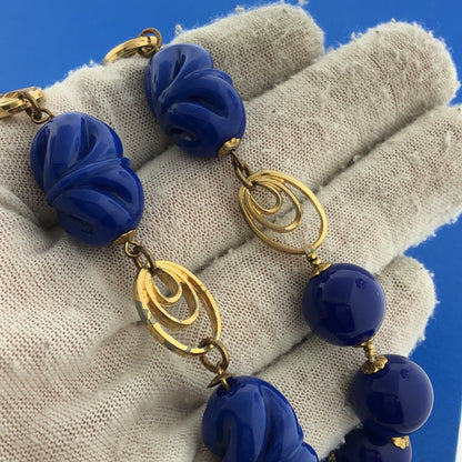 Mid Century Miriam Haskell Cobalt Blue Lucite Beads Gold Tone Statement Necklace