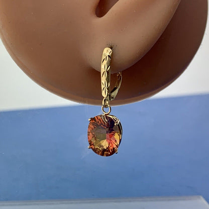 Designer 14K Yellow Gold Oval Mystic Topaz Statement Dangle Lever Back Earrings