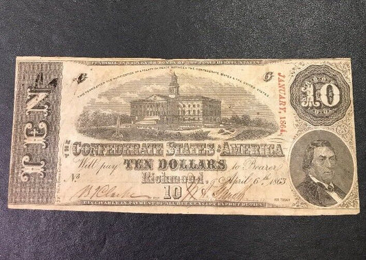 1863 $10 Ten Confederate States of America April 6 Richmond Civil War Era Note