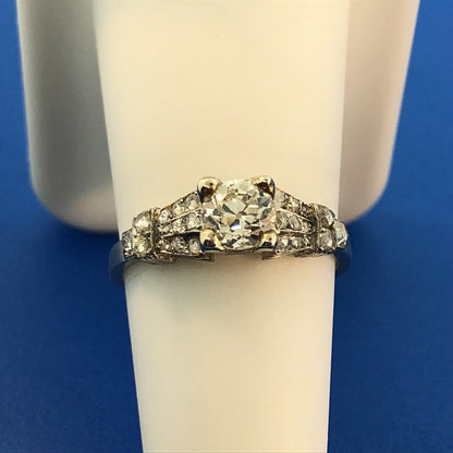 Art Deco Platinum European Mine Cut Diamond Solitaire W/Accents Engagement Ring
