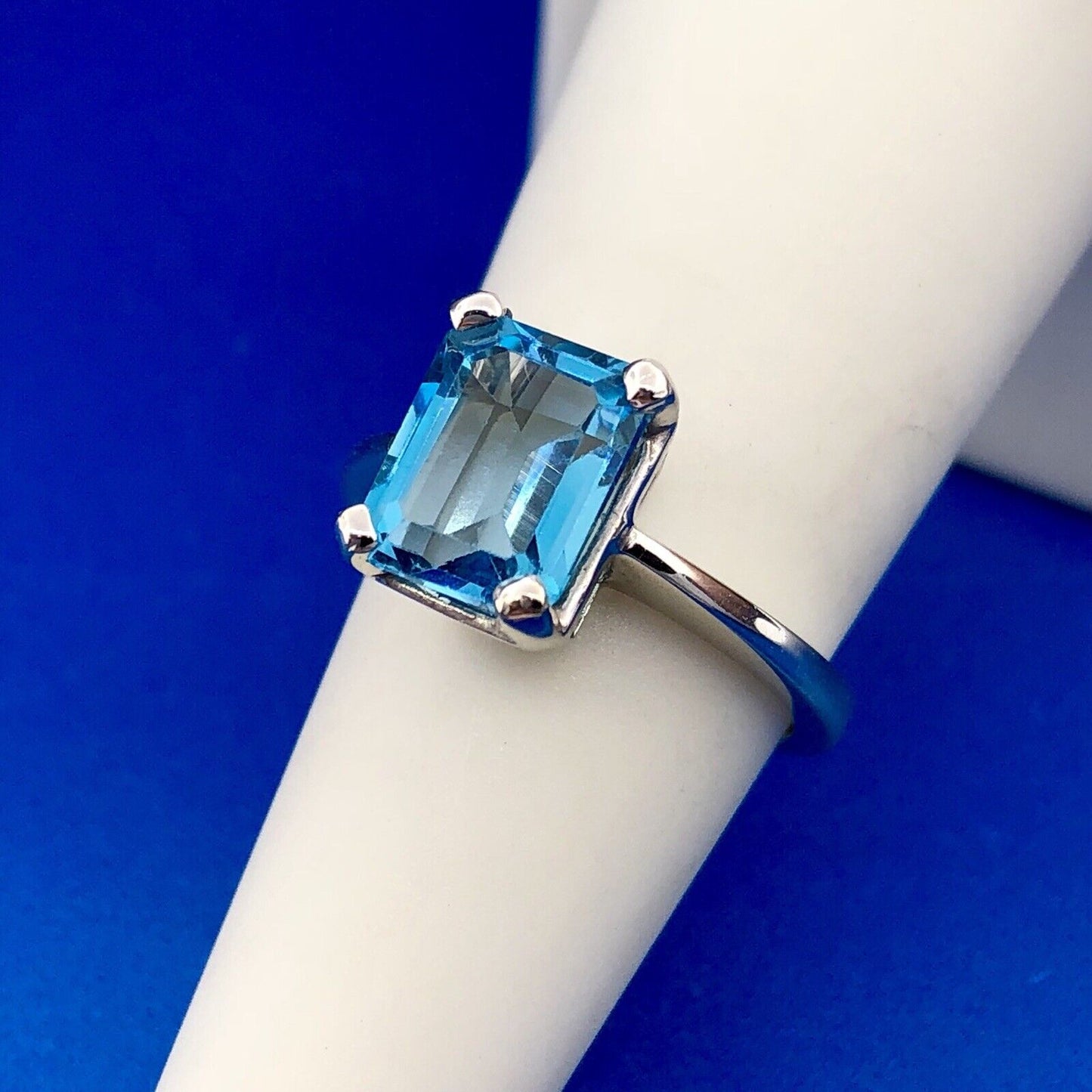 14K White Gold Emerald Cut Blue Topaz Solitaire Statement December Occasion Ring