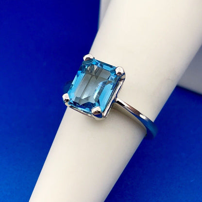 14K White Gold Emerald Cut Blue Topaz Solitaire Statement December Occasion Ring