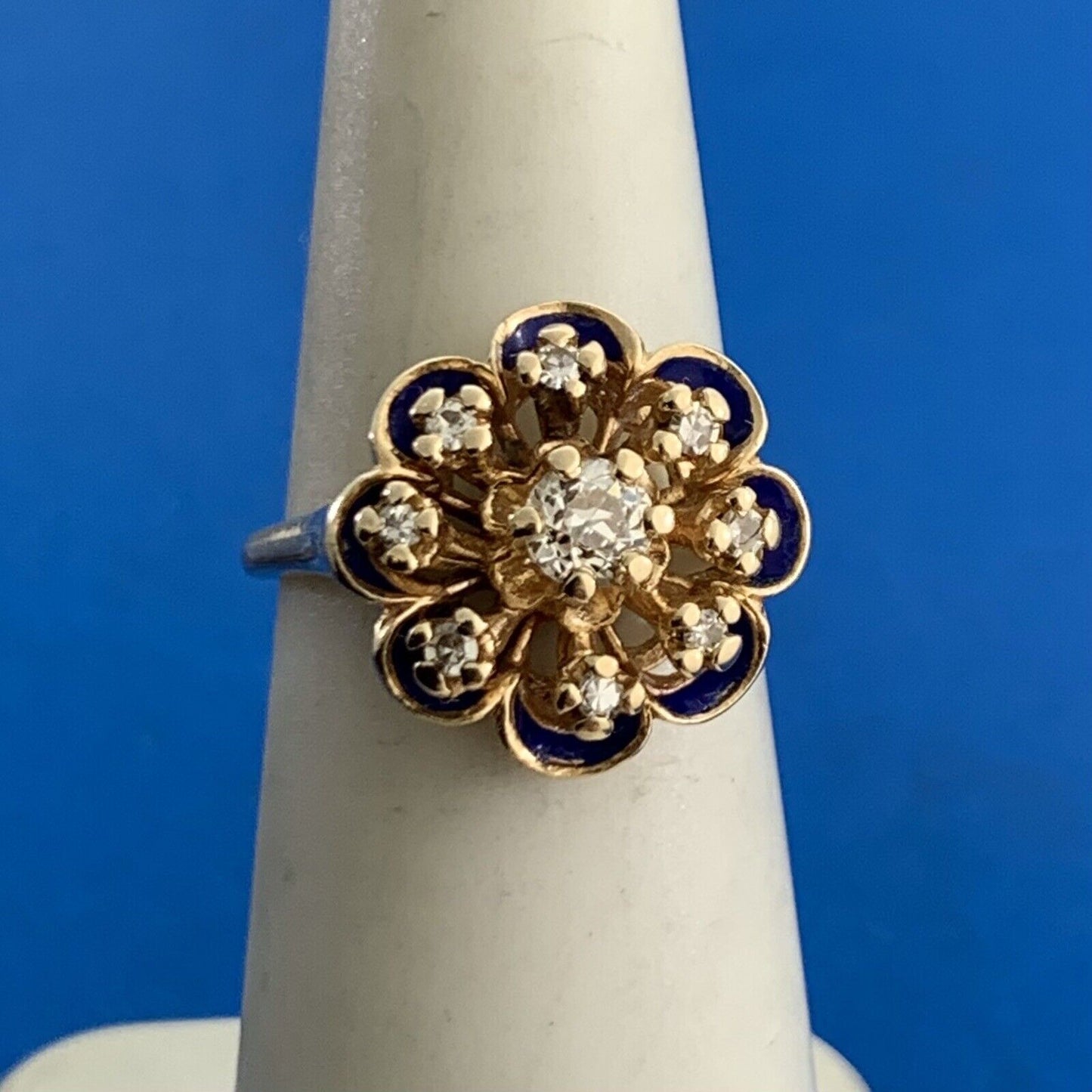 Vintage 14K Yellow Gold Diamond Cluster Blue Enamel Flower Cocktail Ring