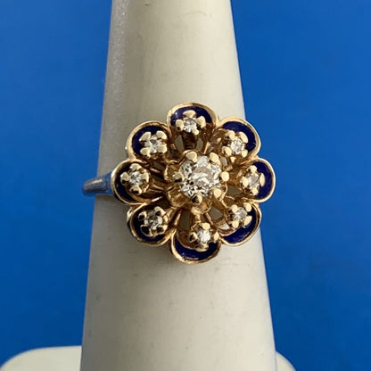 Vintage 14K Yellow Gold Diamond Cluster Blue Enamel Flower Cocktail Ring