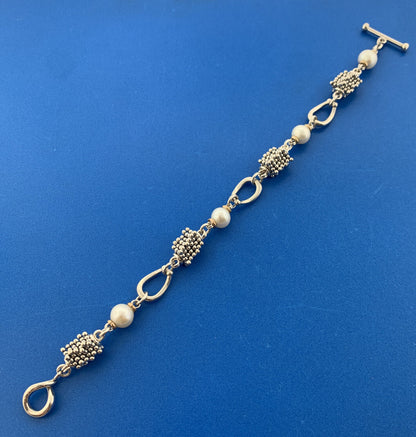 Michael Dawkins Sterling Silver 14K Yellow Gold Pearl Station Toggle Bracelet