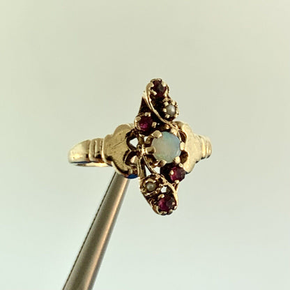 Gorgeous 10k Yellow Gold White Opal Red Ruby Gray Pearl Women's Ring Size 4