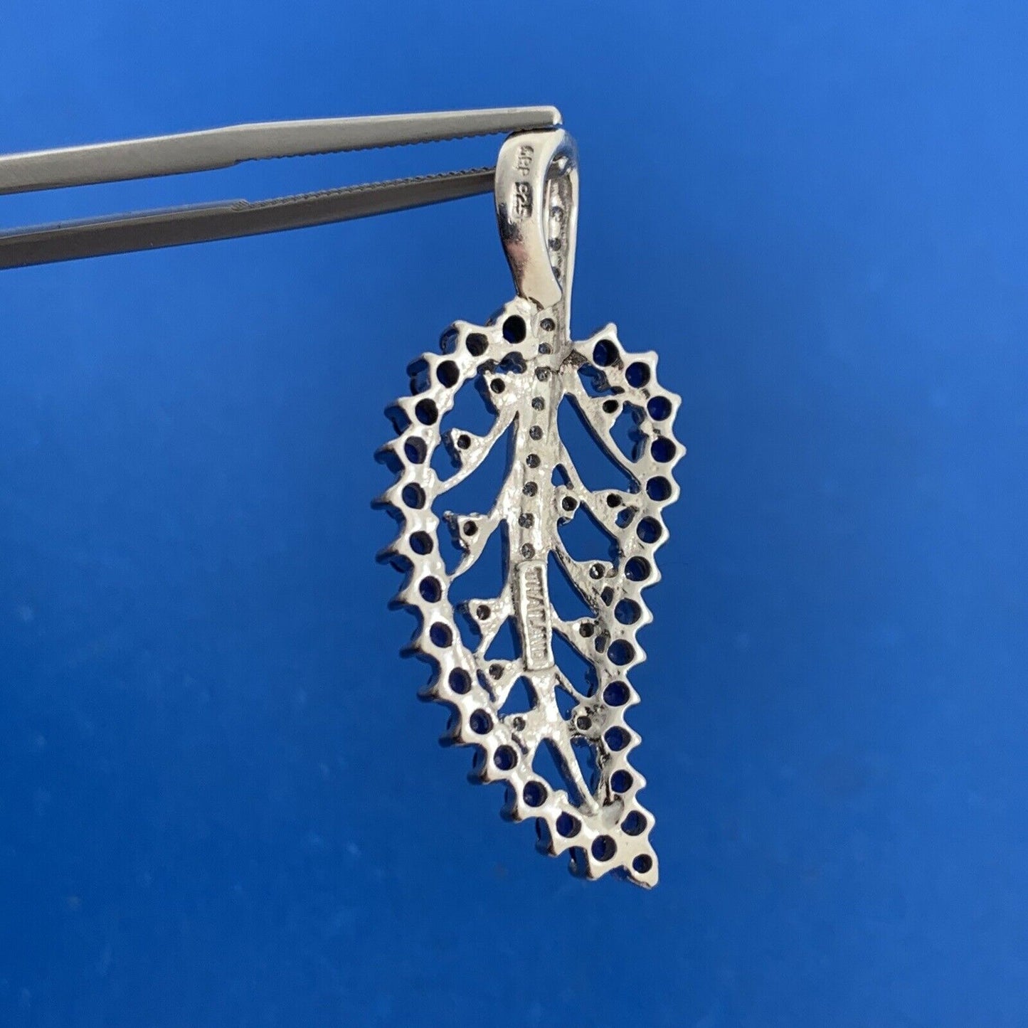 Designer GRP Blue Sapphire Diamond 925 Sterling Silver Leaf Nature Pendant