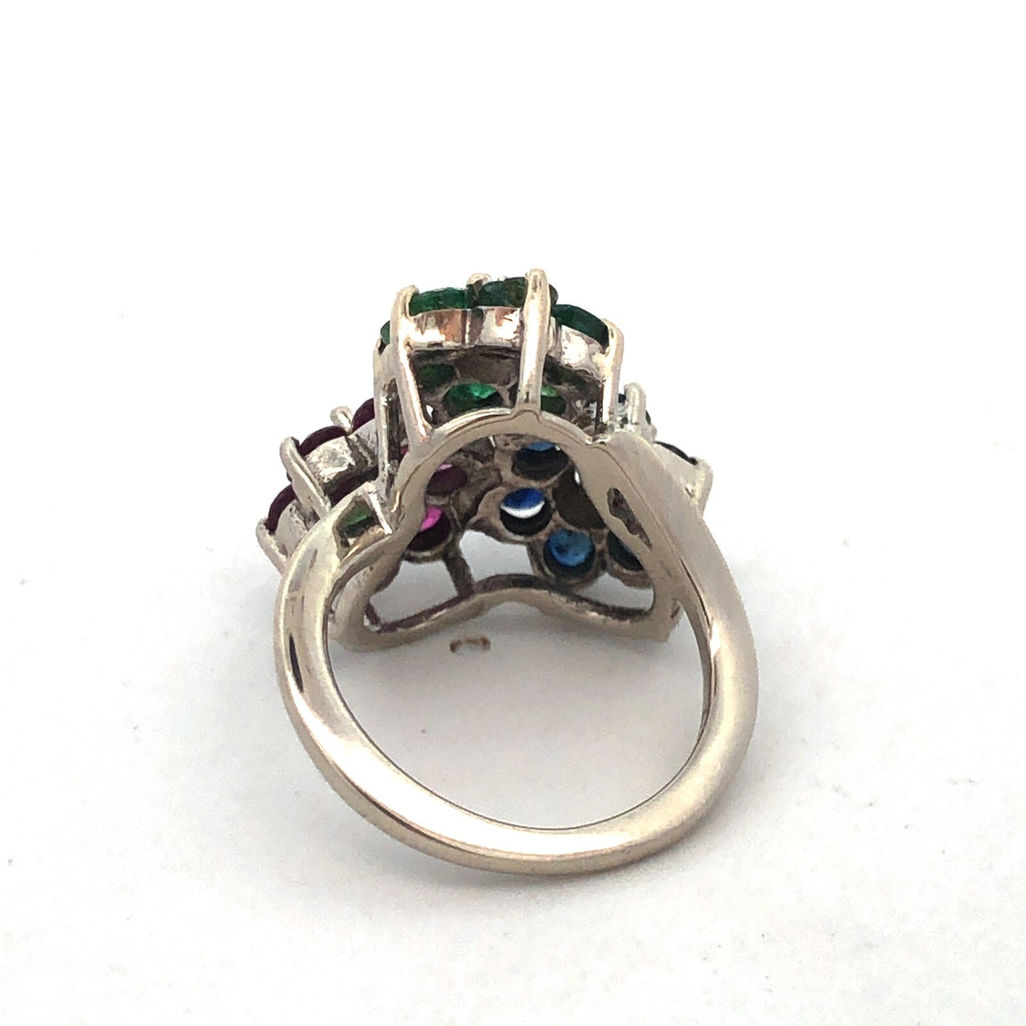 KOL 14K White Gold Round Ruby Sapphire Emerald Topaz Floral Cluster Pinky Ring