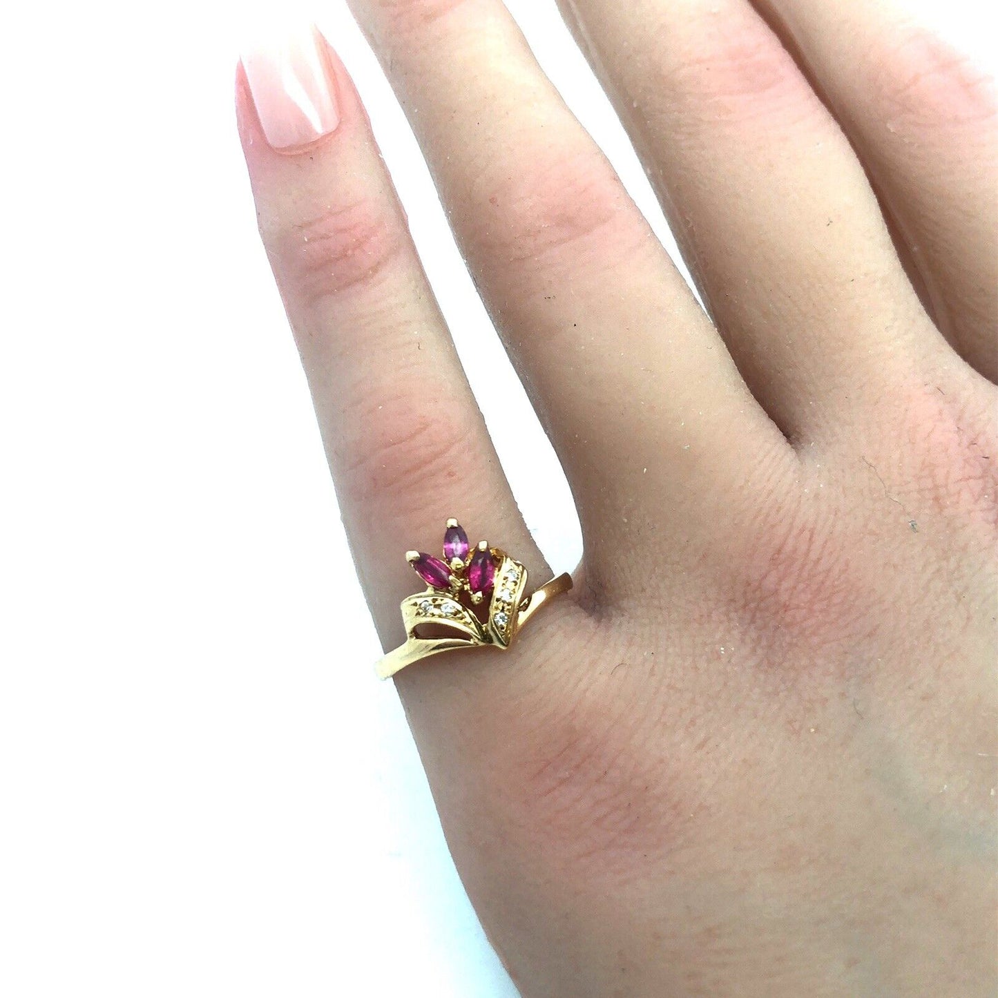 14K Yellow Gold Ruby Diamond Flower Cluster Anniversary Birthstone Cocktail Ring
