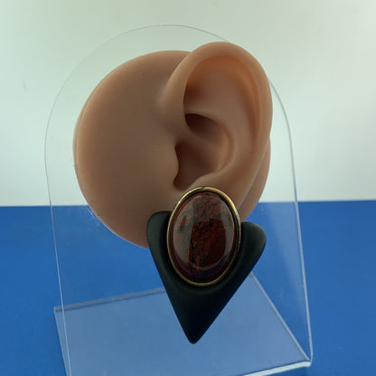 Vintage Modernist Red Jasper Black Resin Triangular Statement Clip On Earrings