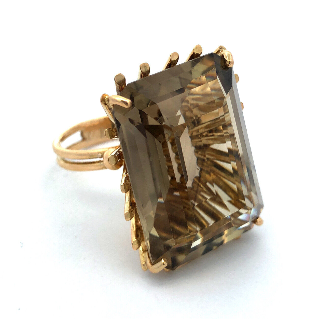 Retro 18K Yellow Gold Emerald Cut Smoky Topaz Statement Cocktail Finger Ring