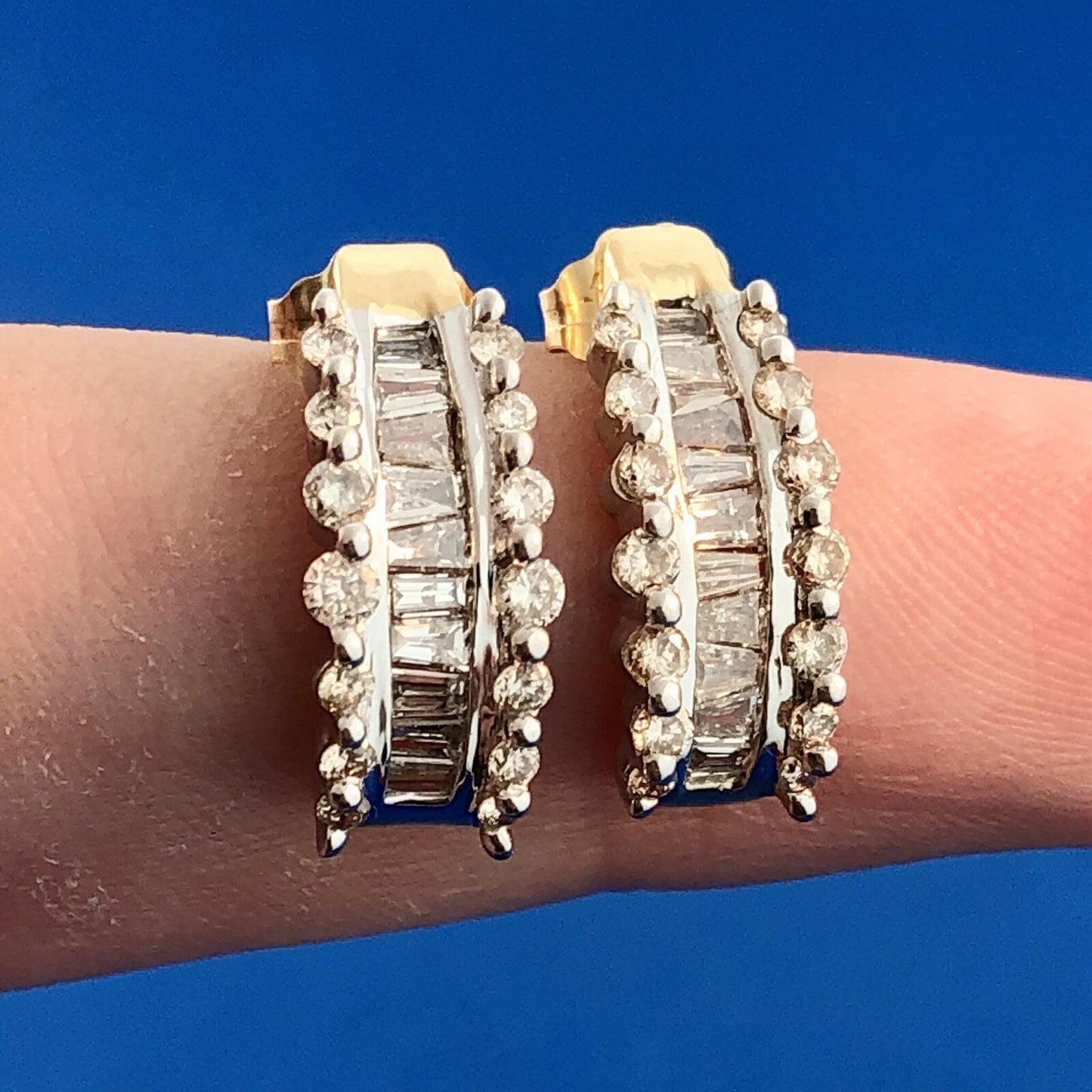14k Yellow & White Gold Baguette Diamond Earrings with Diamond Accents