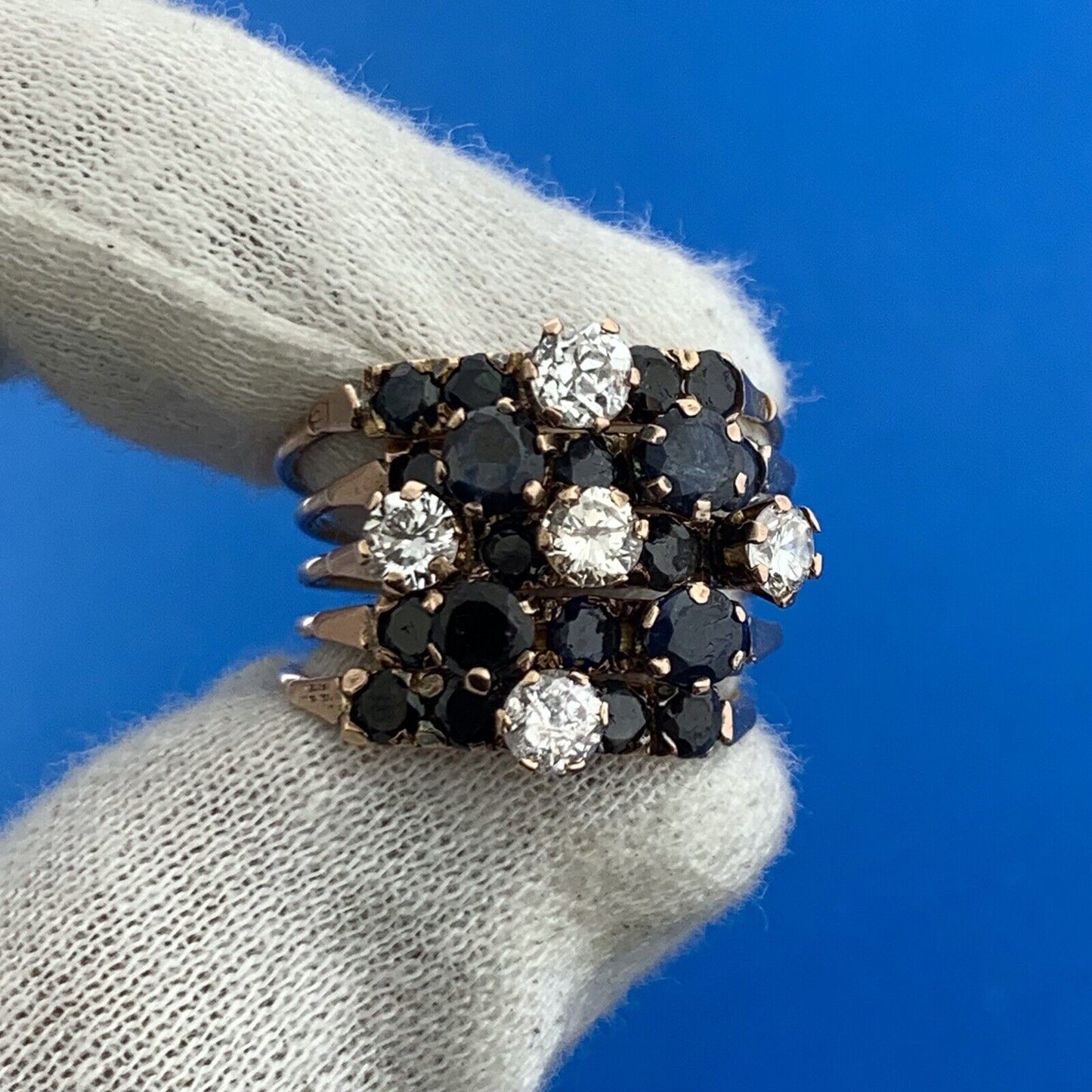 Estate 14K Rose Gold Sapphire Diamond Cluster September Occasion Wide Harem Ring