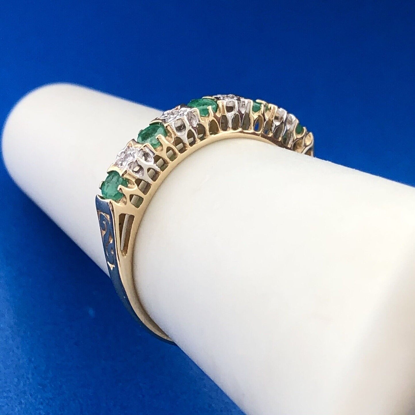 Designer 14K Yellow Gold Emerald Diamond May Anniversary Eternity Band Ring