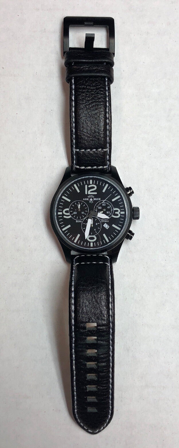 Air Blue Bravo Precision Pilot Mens Watch Chronograph Black Leather Strap In Box