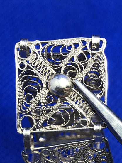 Vintage 925 Sterling Silver Beaded Filigree Delicate Square Panel Bracelet