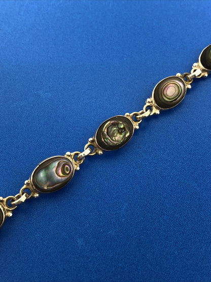 Vintage Taxco Mexico 925 Sterling Silver Abalone Oval Panel Link Bracelet
