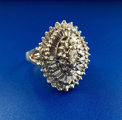 14K Yellow White Gold Diamond Halo Cluster 4 Tier Statement Cocktail Ring