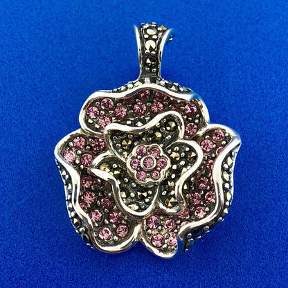 Designer Sterling Silver Pink Cubic Zirconia Marcasite Flower Enhancer Pendant