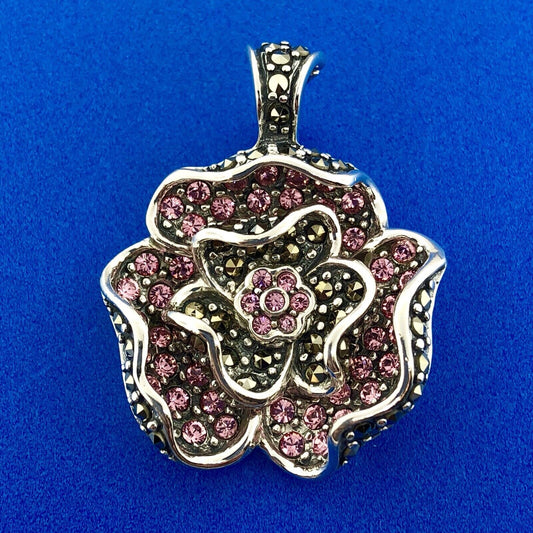 Designer Sterling Silver Pink Cubic Zirconia Marcasite Flower Enhancer Pendant