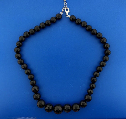 Classic Designer Sterling Silver 925 Graduated Black Faceted Jet Bead Necklace