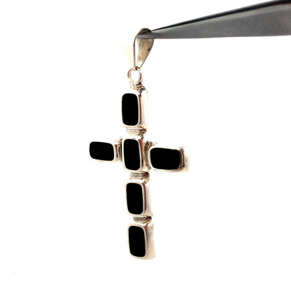 Vintage 925 Sterling Silver Rectangle Black Onyx Bezel Cross Pendant