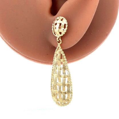 14K Yellow Gold Tear Drop Textured Basket Weave Dangle Stud Earrings