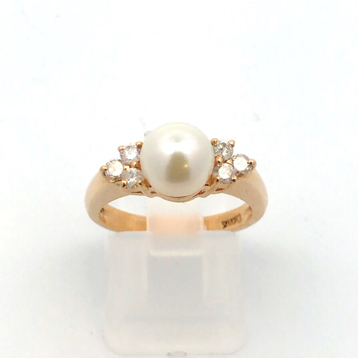 Designer 14K Yellow Gold Pearl Solitaire Round Diamond Accent Cocktail Ring