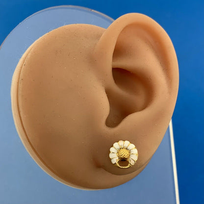 Vintage 10K Yellow Gold White Enamel Petite Flower Screw Back Stud Earrings