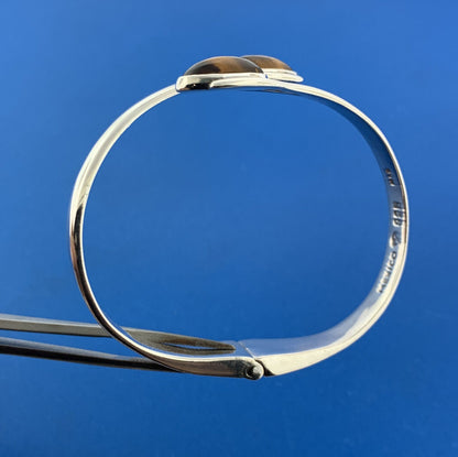 Mexican Sterling Silver 925 Tiger Eye's Quartz Bypass 6" Hinged Cuff Bracelet