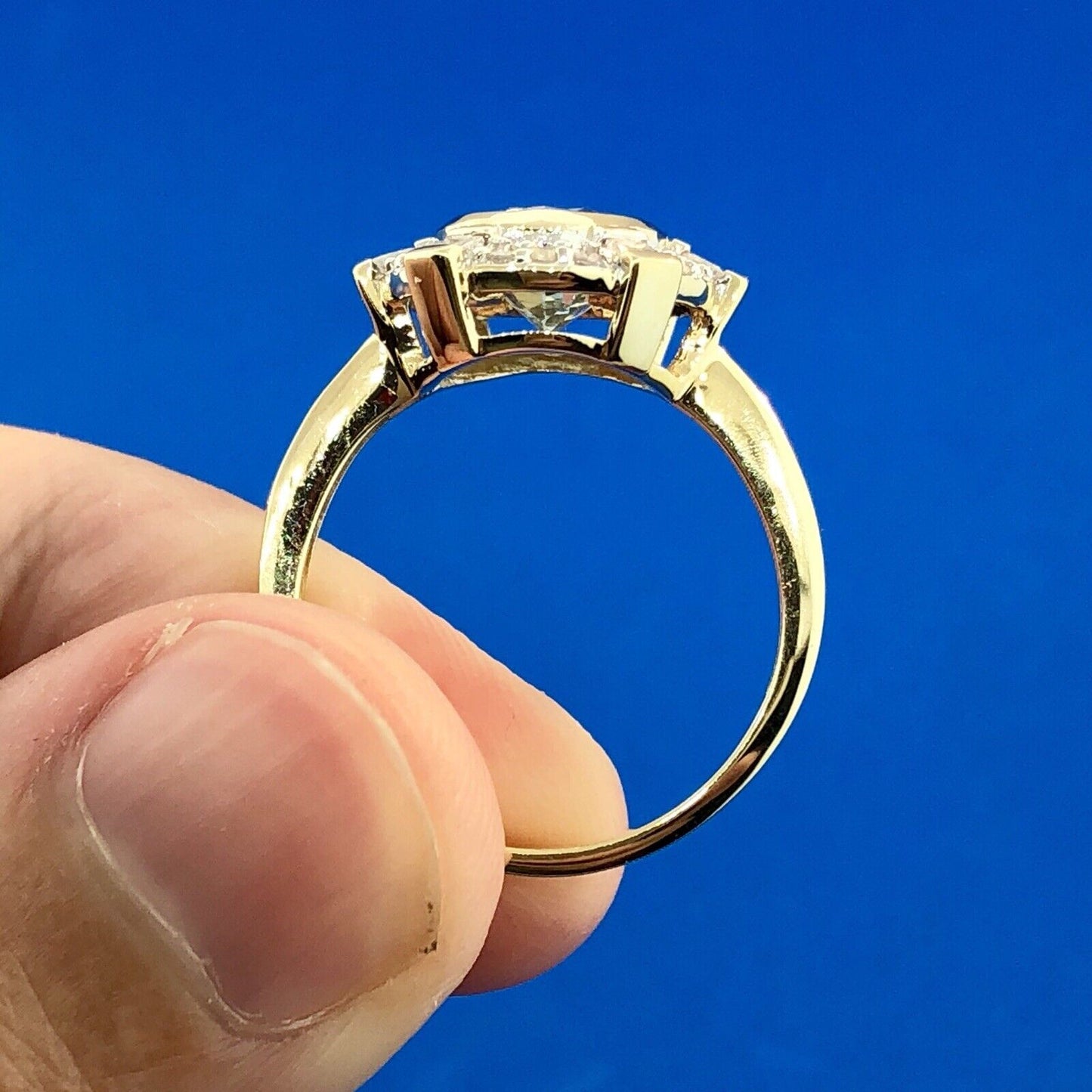 Designer 10K Yellow Gold Aquamarine Diamond Halo March Birthday Anniversary Ring